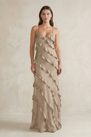 Spaghetti Straps Sheath Stain Ruffled Bridesmaid Dress in Almond - KISS BRIDAL Bridesmaid Dresses