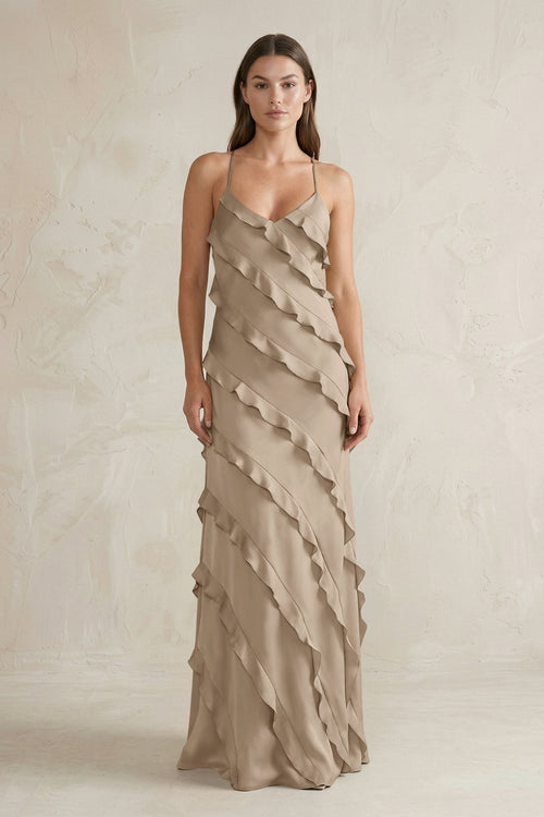 Spaghetti Straps Sheath Stain Ruffled Bridesmaid Dress in Almond - KISS BRIDAL Bridesmaid Dresses