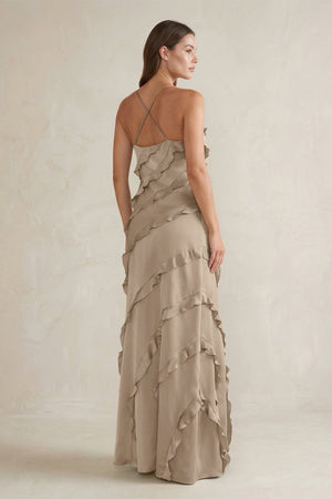 Spaghetti Straps Sheath Stain Ruffled Bridesmaid Dress in Almond - KISS BRIDAL Bridesmaid Dresses