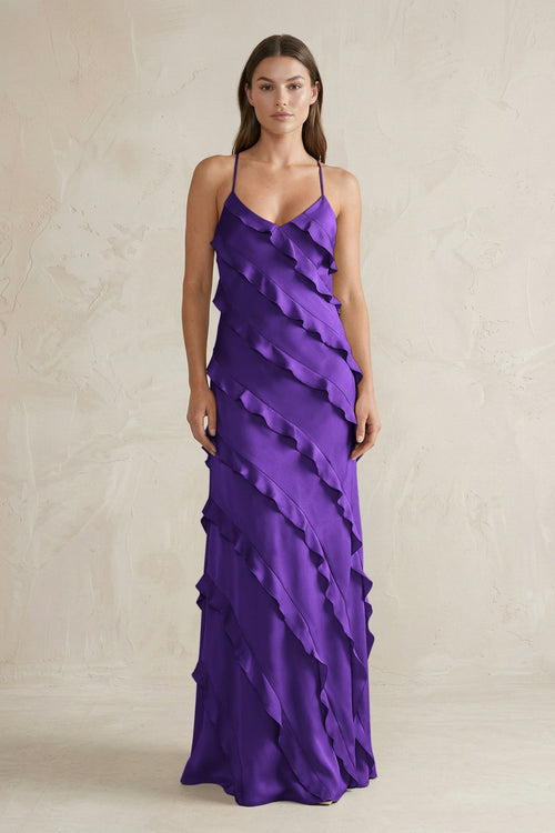 Spaghetti Straps Sheath Stain Ruffled Bridesmaid Dress in Amethyst - KISS BRIDAL Bridesmaid Dresses
