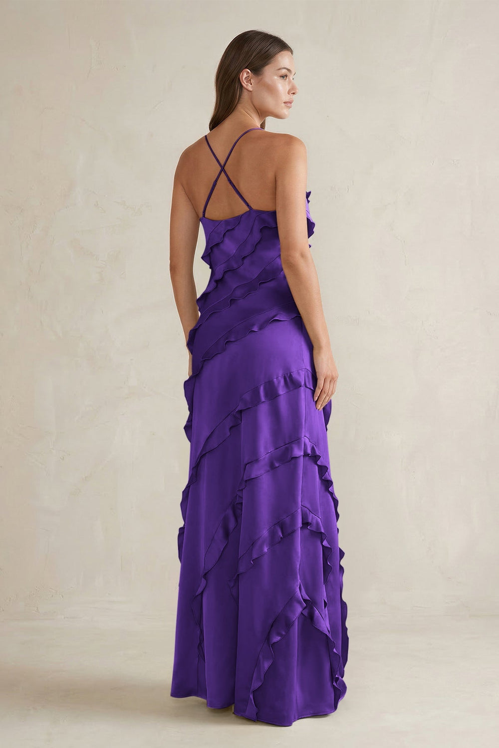 Spaghetti Straps Sheath Stain Ruffled Bridesmaid Dress in Amethyst - KISS BRIDAL Bridesmaid Dresses