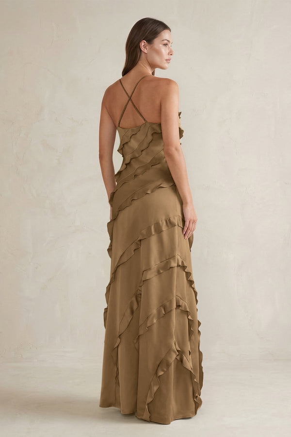 Spaghetti Straps Sheath Stain Ruffled Bridesmaid Dress in Apple Cinnamon - KISS BRIDAL Bridesmaid Dresses