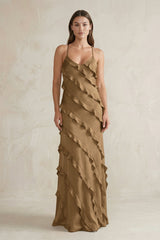 Spaghetti Straps Sheath Stain Ruffled Bridesmaid Dress in Apple Cinnamon - KISS BRIDAL Bridesmaid Dresses
