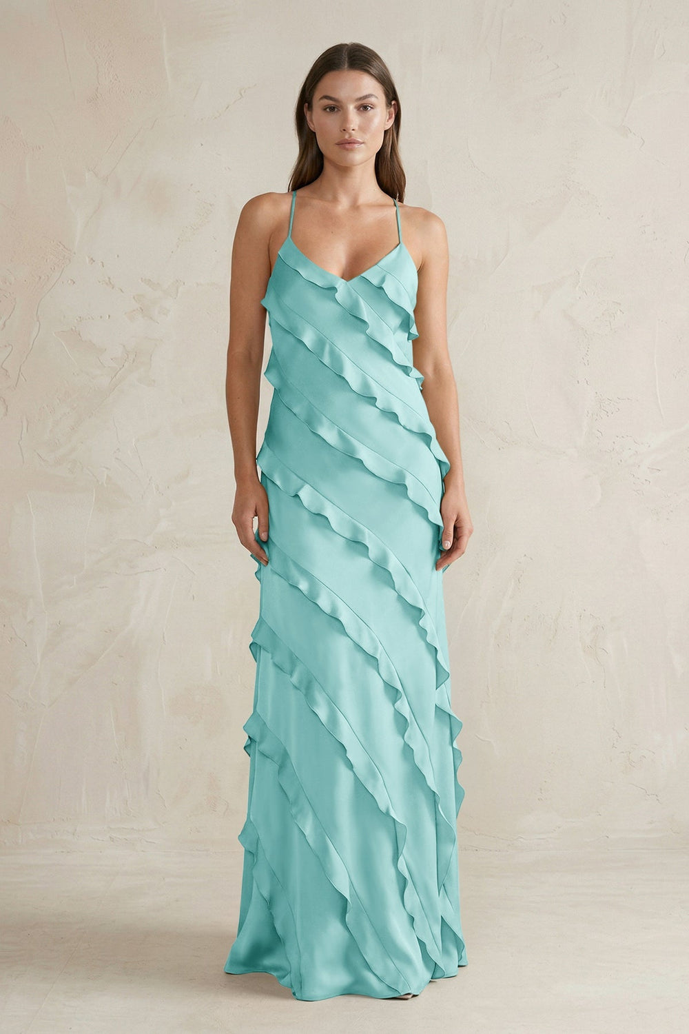 Spaghetti Straps Sheath Stain Ruffled Bridesmaid Dress in Aqua - KISS BRIDAL Bridesmaid Dresses