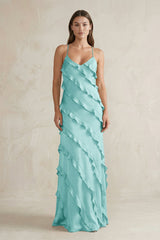 Spaghetti Straps Sheath Stain Ruffled Bridesmaid Dress in Aqua - KISS BRIDAL Bridesmaid Dresses