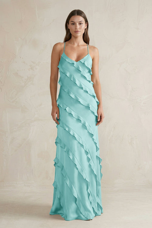 Spaghetti Straps Sheath Stain Ruffled Bridesmaid Dress in Aqua - KISS BRIDAL Bridesmaid Dresses