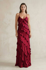 Spaghetti Straps Sheath Stain Ruffled Bridesmaid Dress in Berry - KISS BRIDAL Bridesmaid Dresses