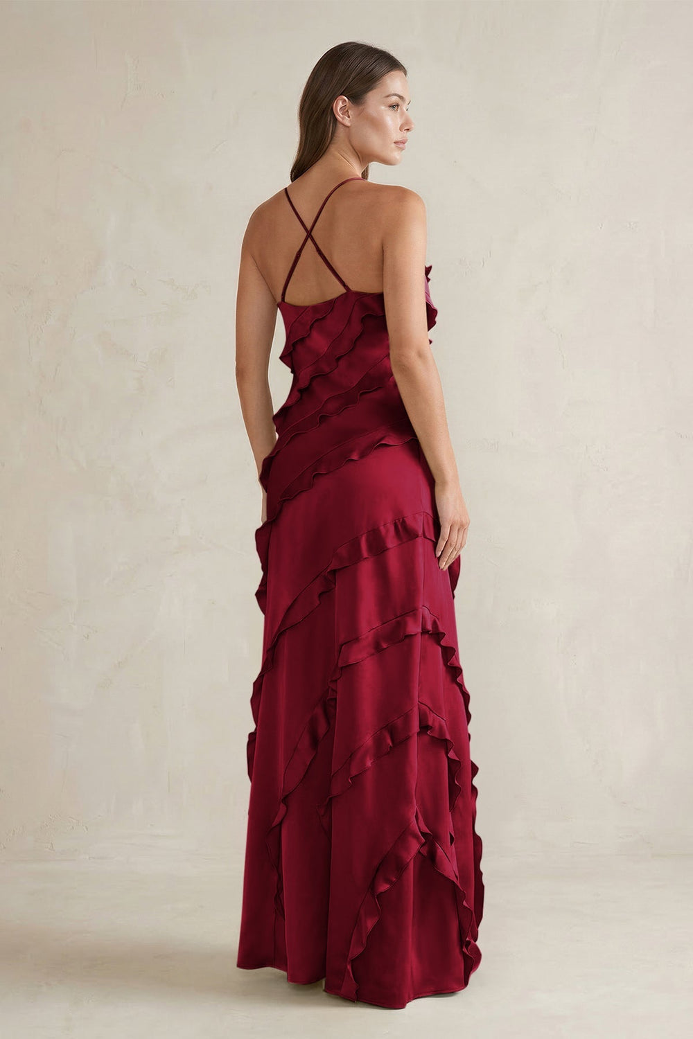 Spaghetti Straps Sheath Stain Ruffled Bridesmaid Dress in Berry - KISS BRIDAL Bridesmaid Dresses