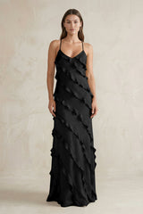 Spaghetti Straps Sheath Stain Ruffled Bridesmaid Dress in Black - KISS BRIDAL Bridesmaid Dresses