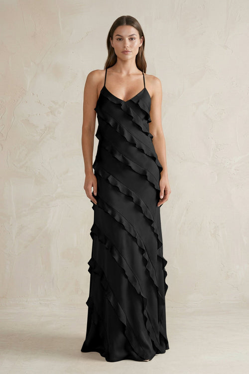 Spaghetti Straps Sheath Stain Ruffled Bridesmaid Dress in Black - KISS BRIDAL Bridesmaid Dresses