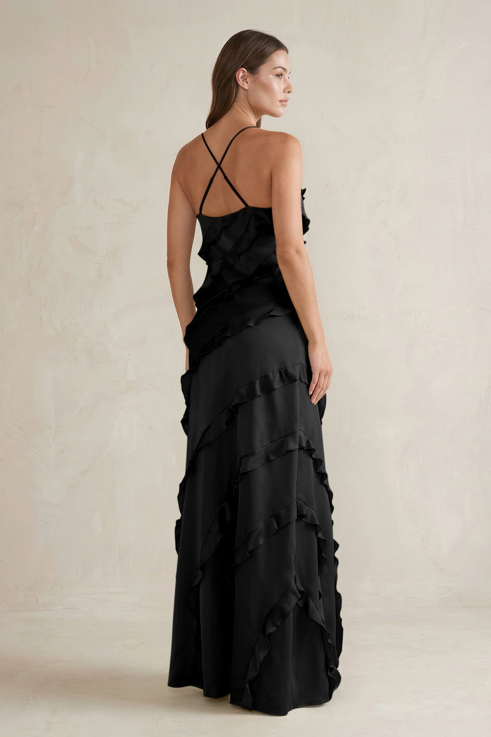 Spaghetti Straps Sheath Stain Ruffled Bridesmaid Dress in Black - KISS BRIDAL Bridesmaid Dresses