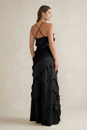 Spaghetti Straps Sheath Stain Ruffled Bridesmaid Dress in Black - KISS BRIDAL Bridesmaid Dresses