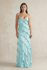 Spaghetti Straps Sheath Stain Ruffled Bridesmaid Dress in Bleached Aqua - KISS BRIDAL Bridesmaid Dresses