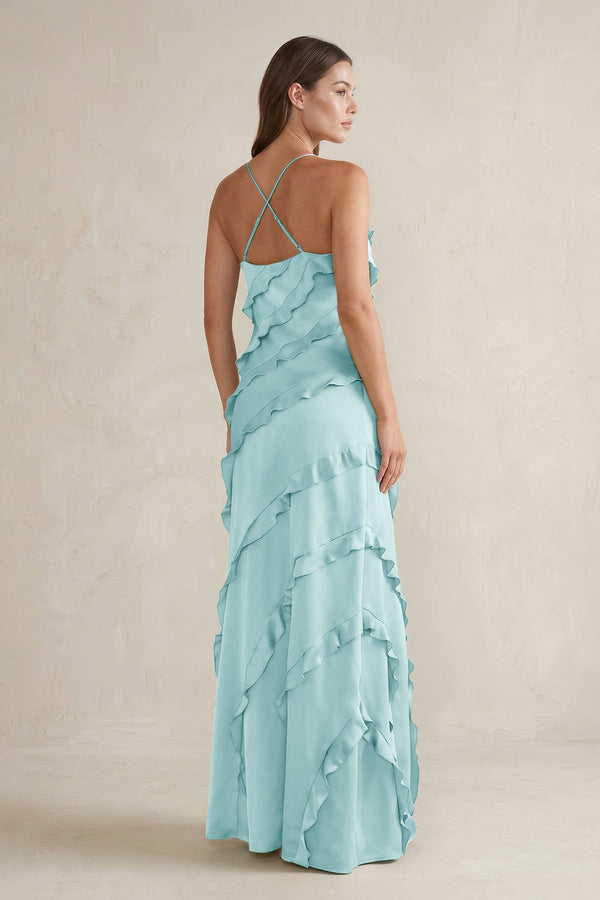 Spaghetti Straps Sheath Stain Ruffled Bridesmaid Dress in Bleached Aqua - KISS BRIDAL Bridesmaid Dresses
