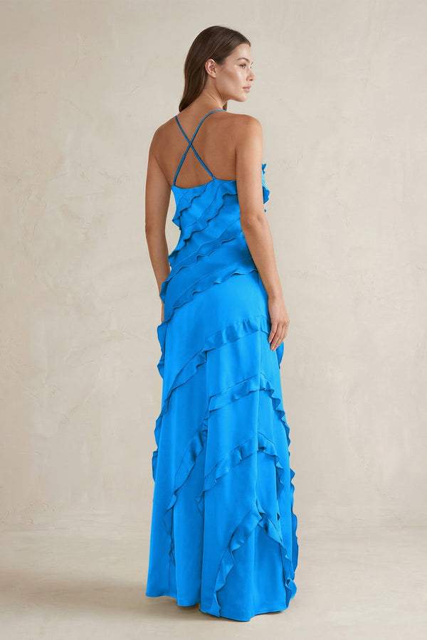 Spaghetti Straps Sheath Stain Ruffled Bridesmaid Dress in Blue Jay - KISS BRIDAL Bridesmaid Dresses
