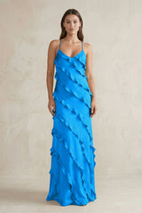 Spaghetti Straps Sheath Stain Ruffled Bridesmaid Dress in Blue Jay - KISS BRIDAL Bridesmaid Dresses