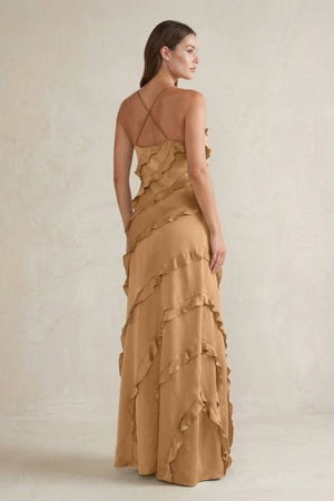 Spaghetti Straps Sheath Stain Ruffled Bridesmaid Dress in Bronzer - KISS BRIDAL Bridesmaid Dresses