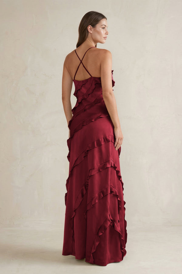 Spaghetti Straps Sheath Stain Ruffled Bridesmaid Dress in Burgundy - KISS BRIDAL Bridesmaid Dresses