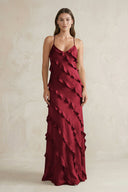 Spaghetti Straps Sheath Stain Ruffled Bridesmaid Dress in Burgundy - KISS BRIDAL Bridesmaid Dresses