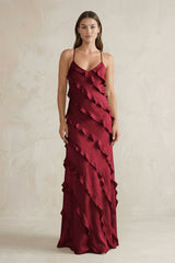 Spaghetti Straps Sheath Stain Ruffled Bridesmaid Dress in Burgundy - KISS BRIDAL Bridesmaid Dresses