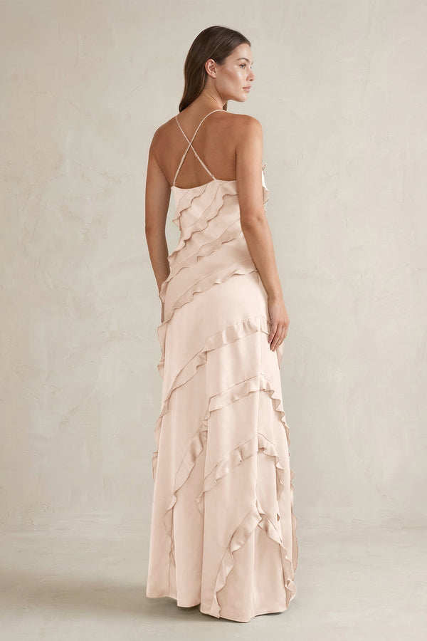 Spaghetti Straps Sheath Stain Ruffled Bridesmaid Dress in Buttercream - KISS BRIDAL Bridesmaid Dresses