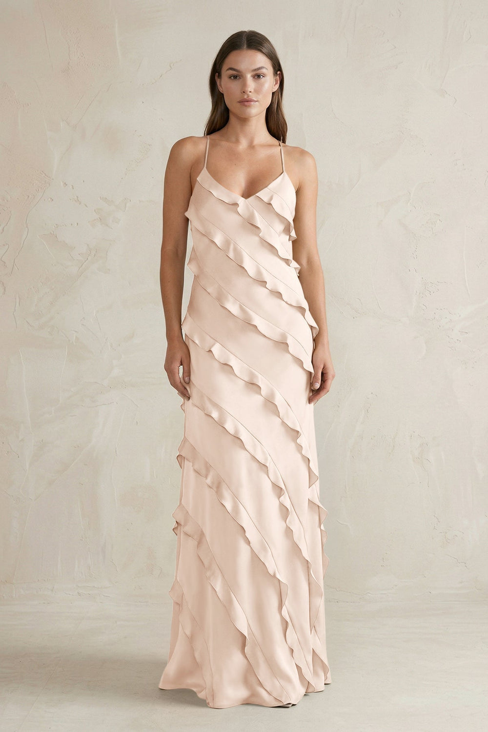 Spaghetti Straps Sheath Stain Ruffled Bridesmaid Dress in Buttercream - KISS BRIDAL Bridesmaid Dresses