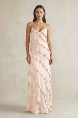 Spaghetti Straps Sheath Stain Ruffled Bridesmaid Dress in Buttercream - KISS BRIDAL Bridesmaid Dresses