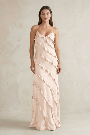 Spaghetti Straps Sheath Stain Ruffled Bridesmaid Dress in Buttercream - KISS BRIDAL Bridesmaid Dresses