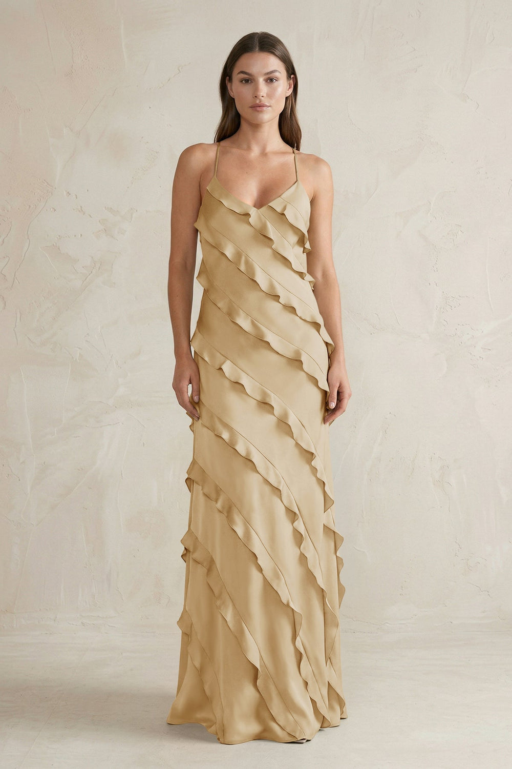 Spaghetti Straps Sheath Stain Ruffled Bridesmaid Dress in Champagne - KISS BRIDAL Bridesmaid Dresses