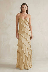 Spaghetti Straps Sheath Stain Ruffled Bridesmaid Dress in Champagne - KISS BRIDAL Bridesmaid Dresses