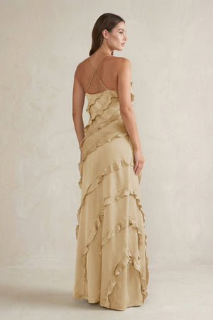 Spaghetti Straps Sheath Stain Ruffled Bridesmaid Dress in Champagne - KISS BRIDAL Bridesmaid Dresses