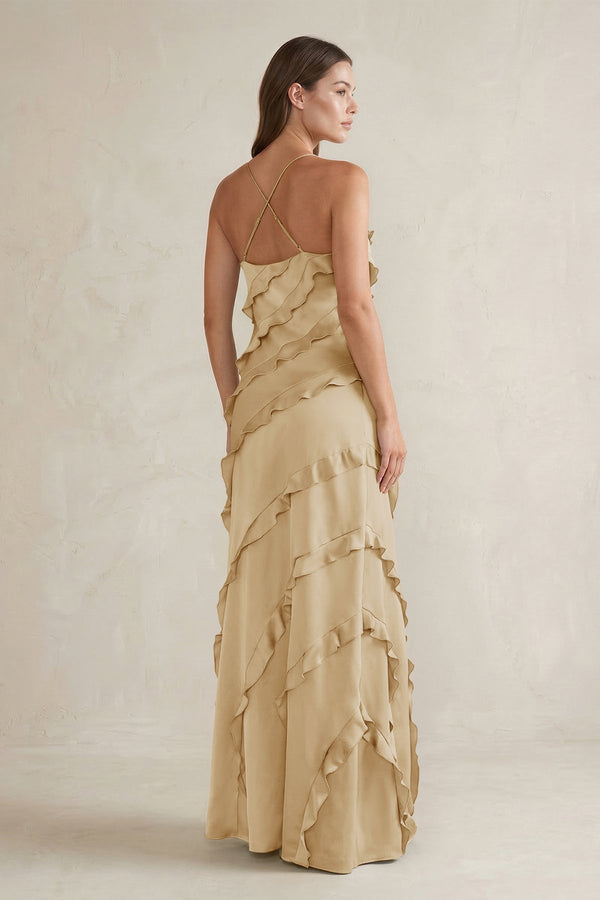 Spaghetti Straps Sheath Stain Ruffled Bridesmaid Dress in Champagne - KISS BRIDAL Bridesmaid Dresses