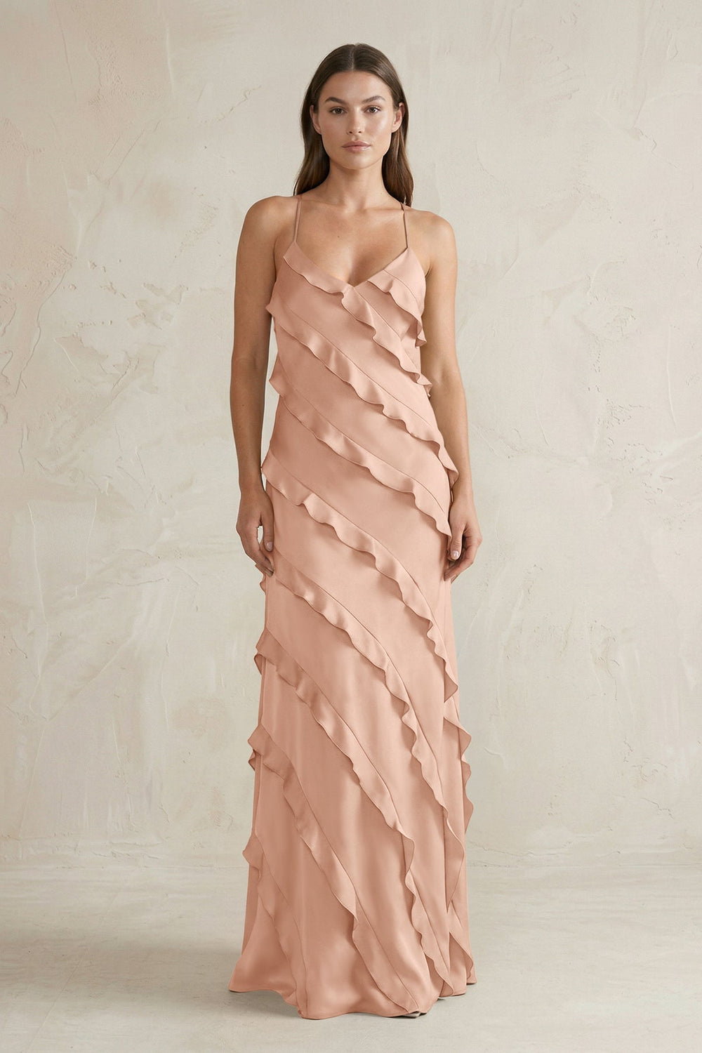 Spaghetti Straps Sheath Stain Ruffled Bridesmaid Dress in Champagne Rose - KISS BRIDAL Bridesmaid Dresses