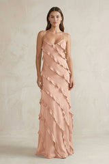Spaghetti Straps Sheath Stain Ruffled Bridesmaid Dress in Champagne Rose - KISS BRIDAL Bridesmaid Dresses