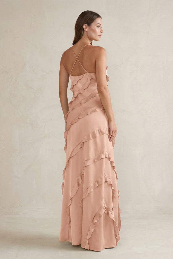 Spaghetti Straps Sheath Stain Ruffled Bridesmaid Dress in Champagne Rose - KISS BRIDAL Bridesmaid Dresses