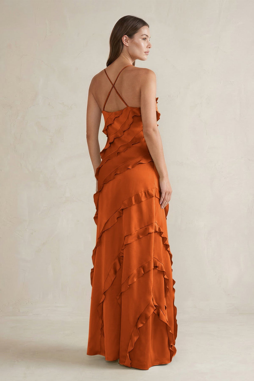Spaghetti Straps Sheath Stain Ruffled Bridesmaid Dress in Cinnamon - KISS BRIDAL Bridesmaid Dresses