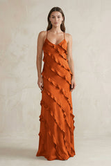 Spaghetti Straps Sheath Stain Ruffled Bridesmaid Dress in Cinnamon - KISS BRIDAL Bridesmaid Dresses