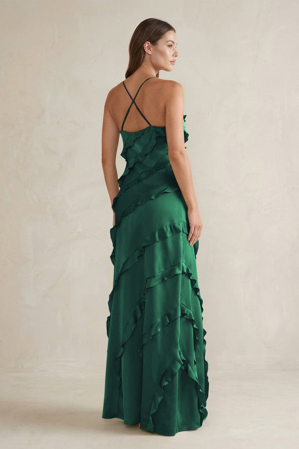 Spaghetti Straps Sheath Stain Ruffled Bridesmaid Dress in Dark Green - KISS BRIDAL Bridesmaid Dresses