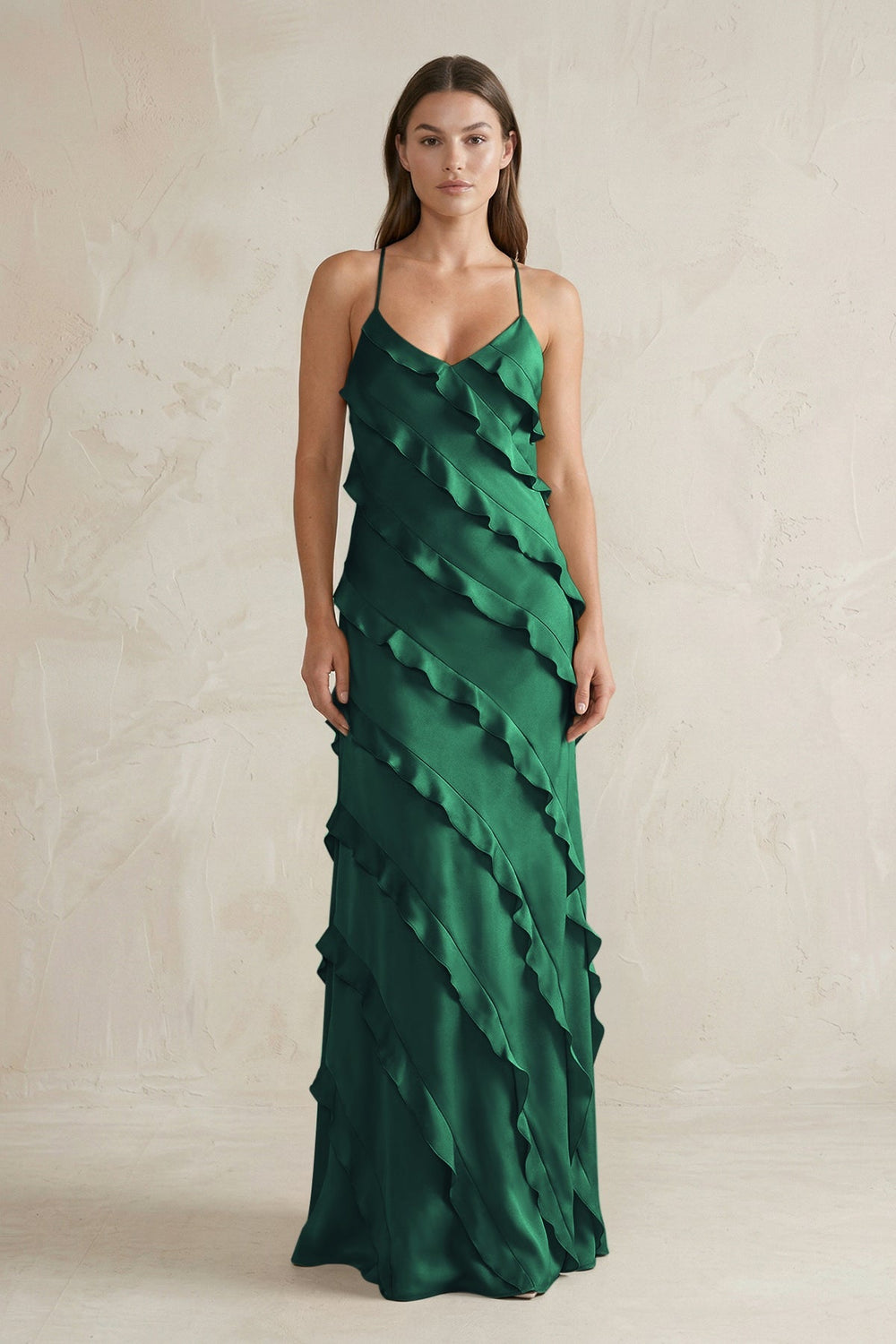 Spaghetti Straps Sheath Stain Ruffled Bridesmaid Dress in Dark Green - KISS BRIDAL Bridesmaid Dresses