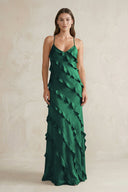 Spaghetti Straps Sheath Stain Ruffled Bridesmaid Dress in Dark Green - KISS BRIDAL Bridesmaid Dresses