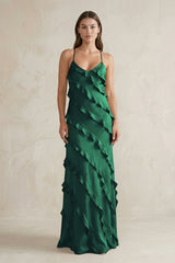 Spaghetti Straps Sheath Stain Ruffled Bridesmaid Dress in Dark Green - KISS BRIDAL Bridesmaid Dresses