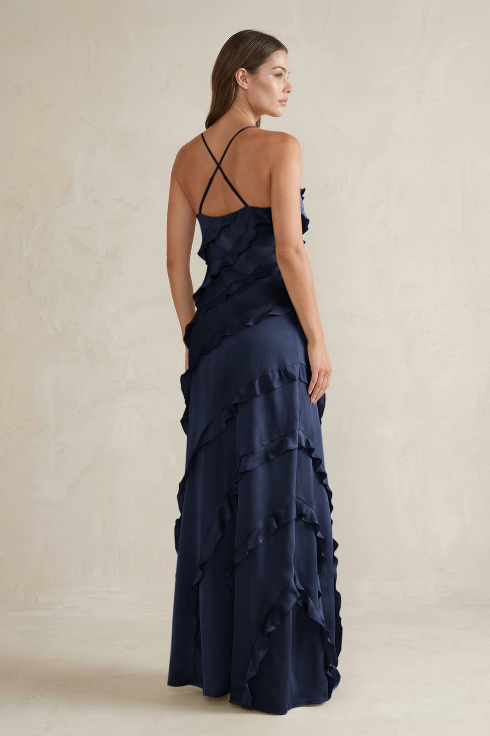Spaghetti Straps Sheath Stain Ruffled Bridesmaid Dress in Dark Navy - KISS BRIDAL Bridesmaid Dresses