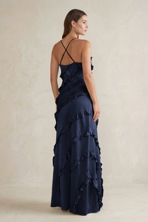 Spaghetti Straps Sheath Stain Ruffled Bridesmaid Dress in Dark Navy - KISS BRIDAL Bridesmaid Dresses