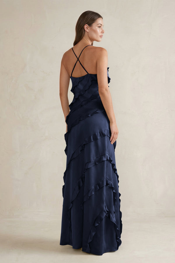 Spaghetti Straps Sheath Stain Ruffled Bridesmaid Dress in Dark Navy - KISS BRIDAL Bridesmaid Dresses