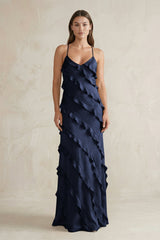 Spaghetti Straps Sheath Stain Ruffled Bridesmaid Dress in Dark Navy - KISS BRIDAL Bridesmaid Dresses