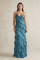 Spaghetti Straps Sheath Stain Ruffled Bridesmaid Dress in Dark Teal - KISS BRIDAL Bridesmaid Dresses
