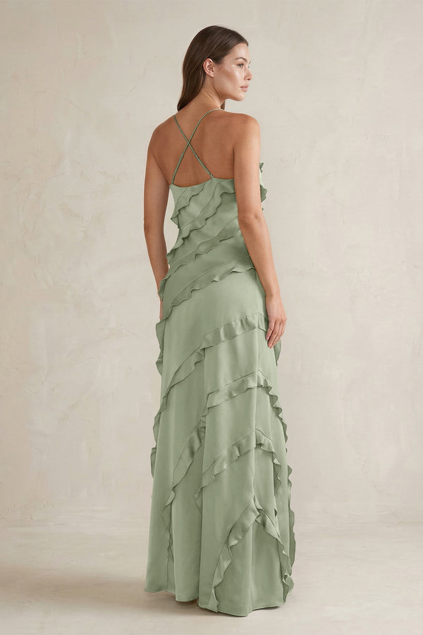 Spaghetti Straps Sheath Stain Ruffled Bridesmaid Dress in Dove Gray - KISS BRIDAL Bridesmaid Dresses