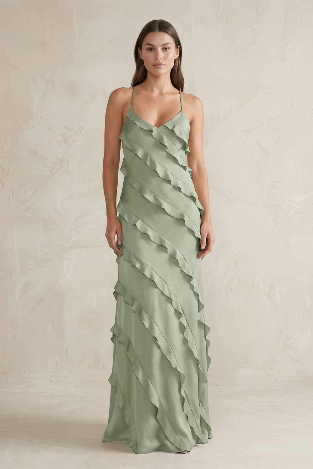 Spaghetti Straps Sheath Stain Ruffled Bridesmaid Dress in Dove Gray - KISS BRIDAL Bridesmaid Dresses