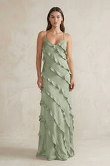 Spaghetti Straps Sheath Stain Ruffled Bridesmaid Dress in Dove Gray - KISS BRIDAL Bridesmaid Dresses