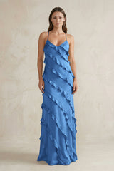 Spaghetti Straps Sheath Stain Ruffled Bridesmaid Dress in Dusty Blue - KISS BRIDAL Bridesmaid Dresses